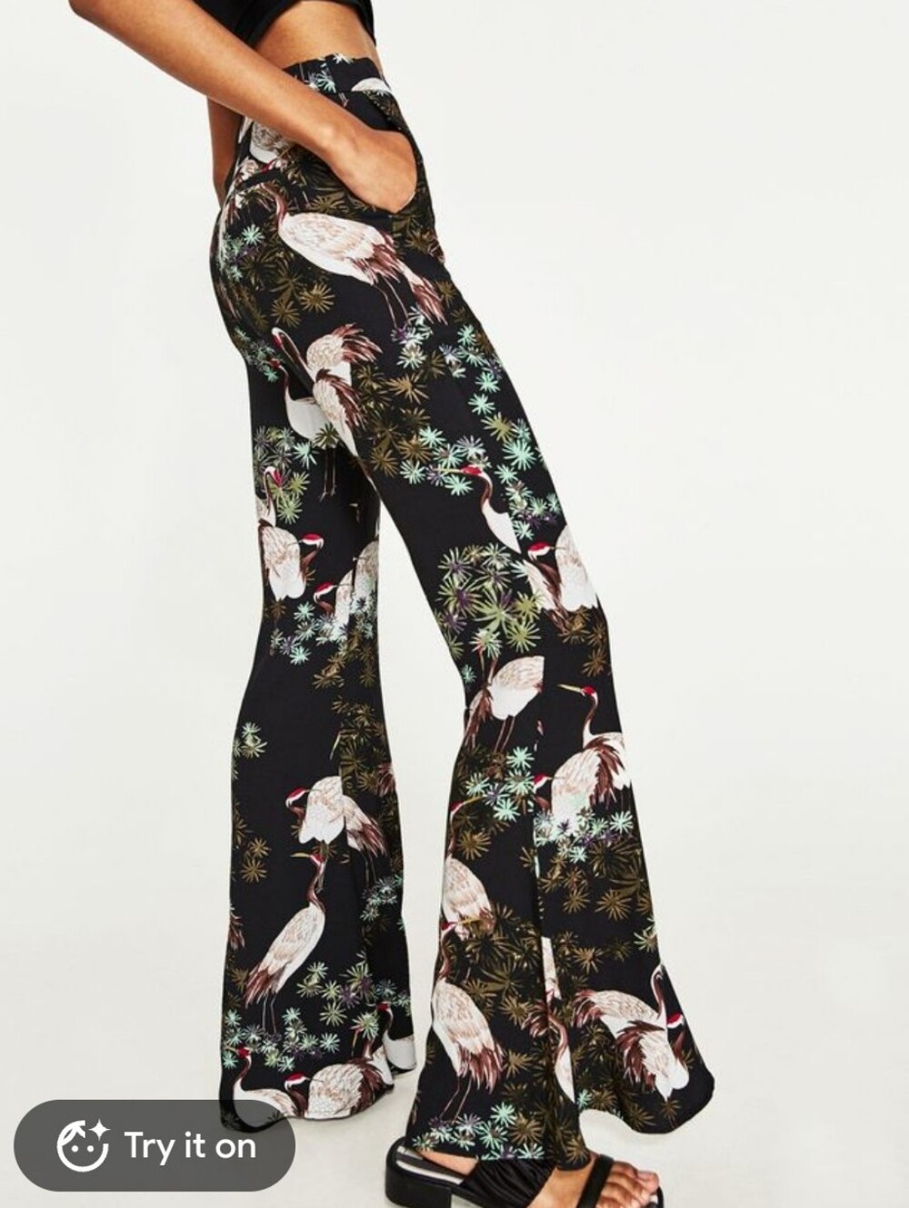 Zara Crane Bird Pants Flared Wided Leg Size Small Black/white Satin